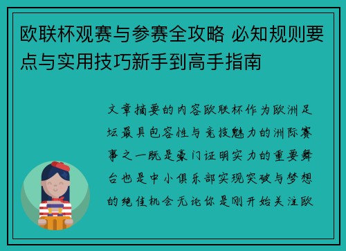 欧联杯观赛与参赛全攻略 必知规则要点与实用技巧新手到高手指南